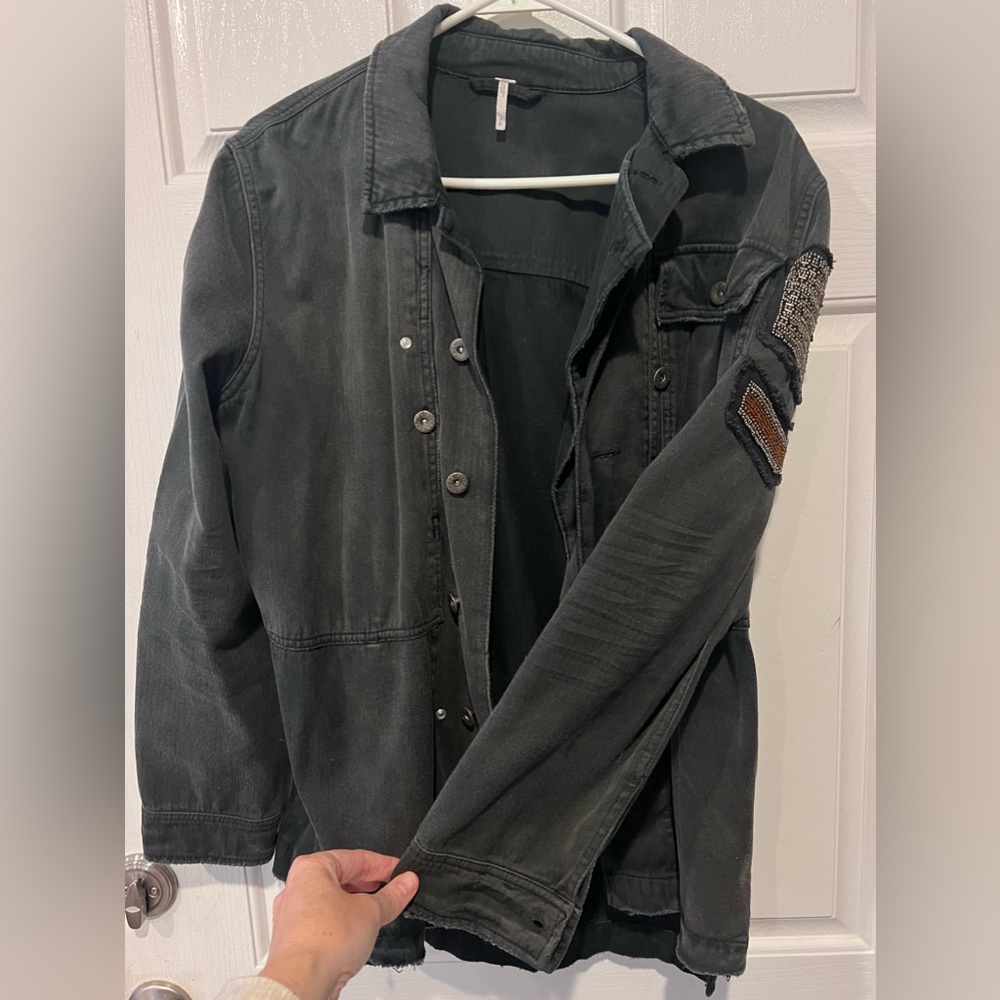 Free People embellished washed black military jacket, size medium